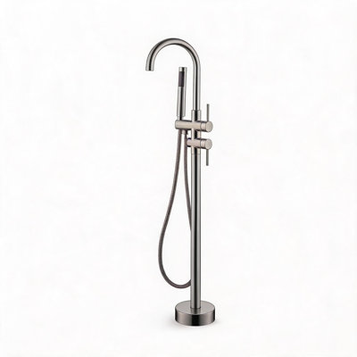 Robinet de baignoire sur pied en acier inoxydable nickelé brossé avec douchette et bec pivotant à 360 degrés