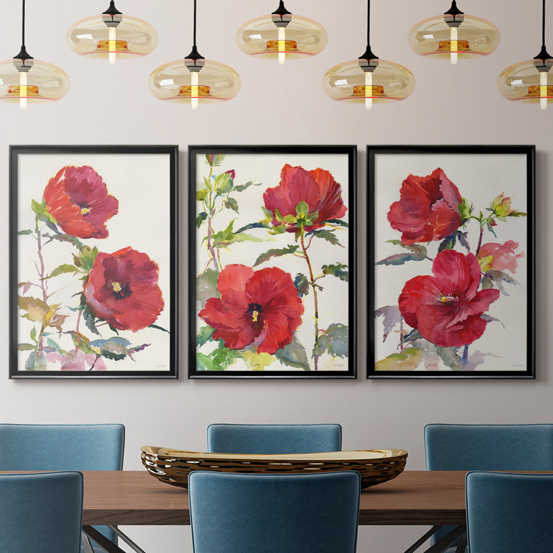 Hibiscus Glow I - Toile tendue avec châssis sur mesure - 3 pièces, Noir, H 21 po x l 30 po