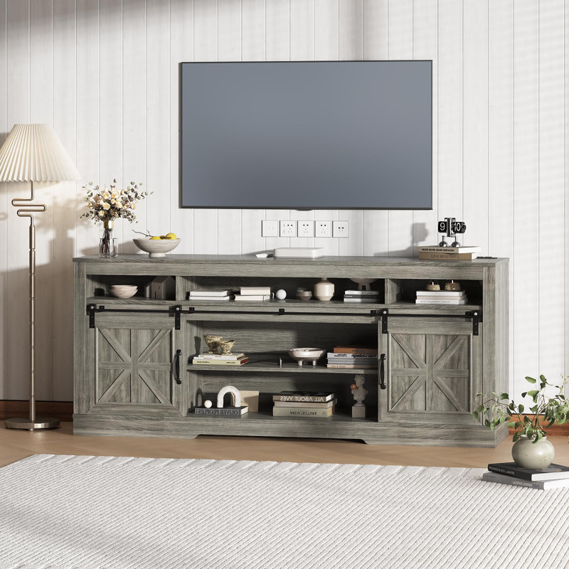Farmhouse TV Stand for 75" Television, Entertainment Center with Semi-Open Storage & Barn Doors, Media TV Console Table with Adjustable Shelf for Living Room, 66" Width