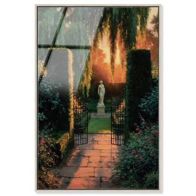 Tableau décoratif paysager « Coucher de soleil sur jardin » par Art Remedy, cadre argenté, 10 x 15 cm