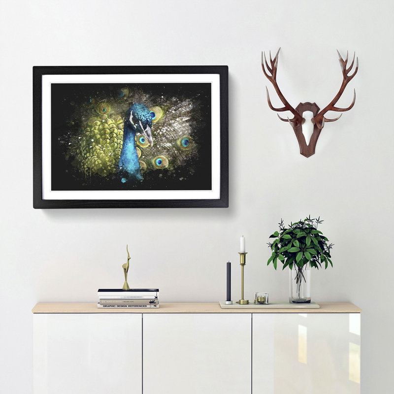 Dazzling Peacock Bird Paint Splash - Framed Print, 24cm H x 33cm W x 2cm D, Black Framed