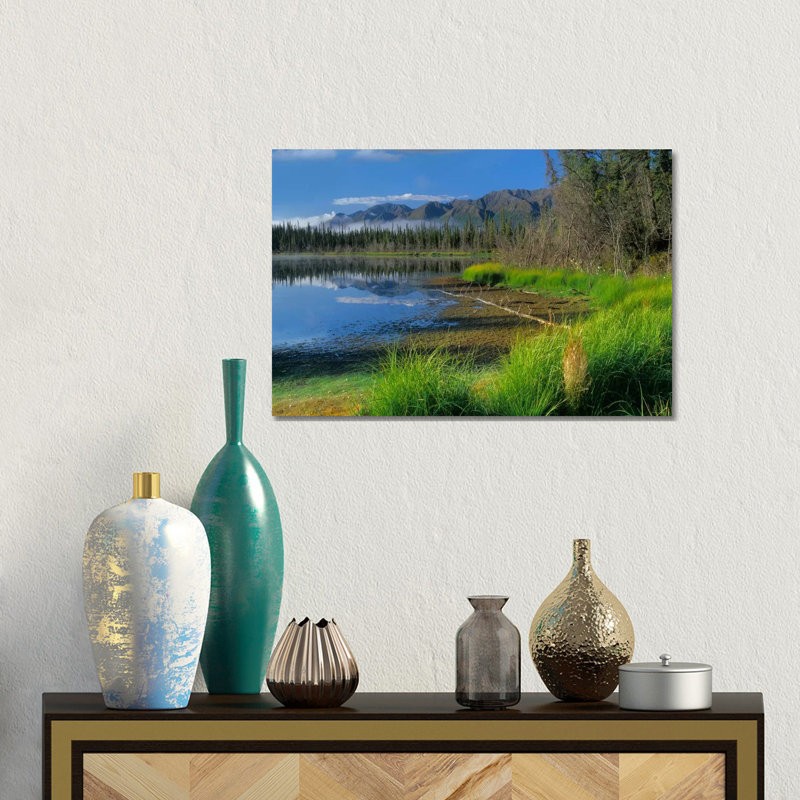 Nutzotin Mountains And Boreal Forest Reflected In Receding Lake, Alaska 1 Piece Wrapped Canvas Wall Art