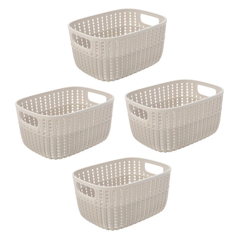 Ivory Rectangular Plastic Storage Basket with Built-in Handles