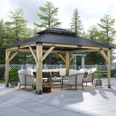 15 ft. W x 13 ft. D Outdoor Cedar Wood Gazebo with Galvanized Steel Double Roof