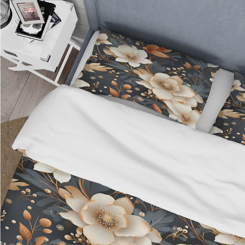 Mystic Gold and Teal Floral Splendor - Ensemble de housse de couette floral