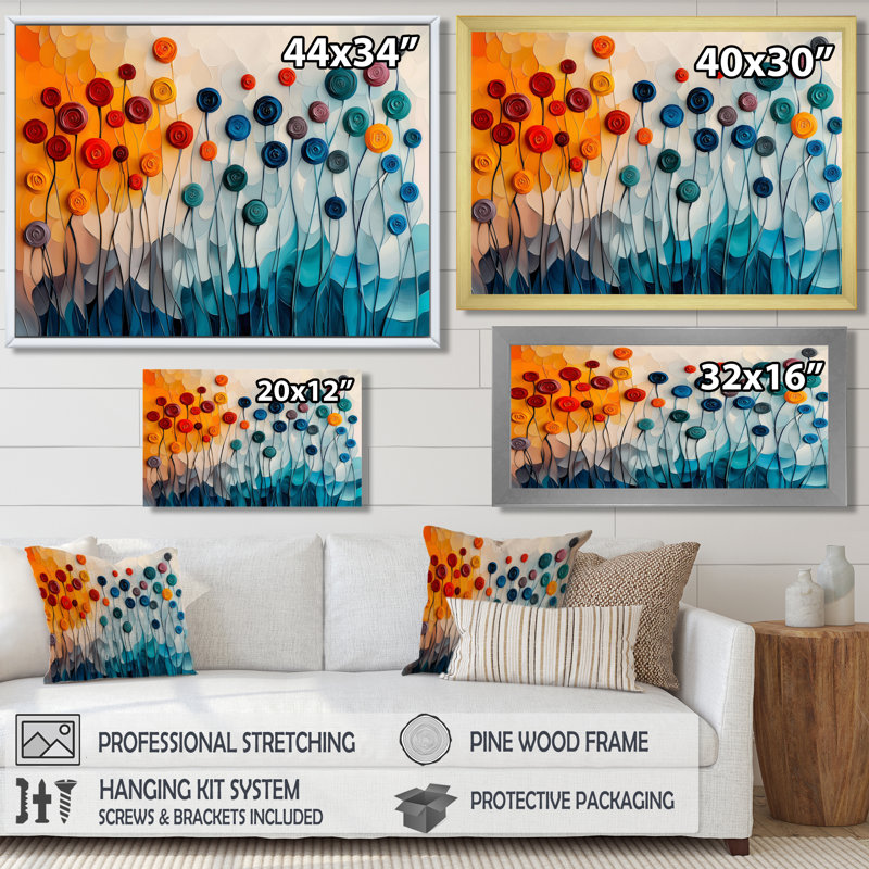«Fantasy Field of Ranunculus Flowers IV», art mural sur toile Renoncule, H 12 po x l 20 po, Cadre simple noir