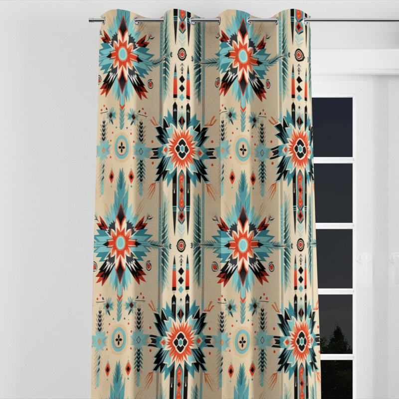 Motif bohème beige rétro nomade - rideau à œillets occultant moderne - 1 panneau, l 52 po x L 120 po, Œillets argentés