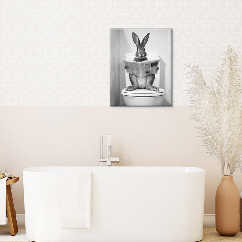 Drôle de lapin de Pâques, art mural, lapin sur toilette, impression sur toile, affiche murale en noir et blanc, 8 x 10 pouces