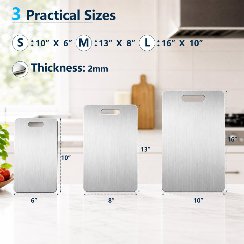 Planches à découper en acier inoxydable (3 pièces), double face, compatibles avec le lave-vaisselle, idéales pour les cuisiniers amateurs et la préparation des aliments (S+M+L)