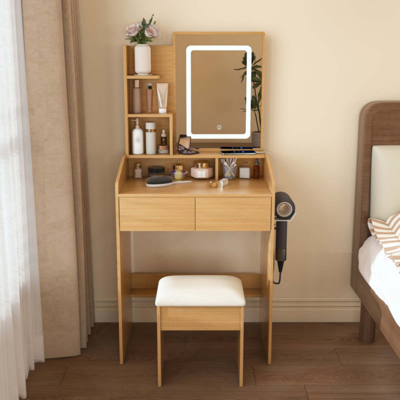Coiffeuse avec miroir lumineux à DEL, prise de courant, support pour sèche-cheveux et tabouret - coiffeuse compacte pour petites chambres