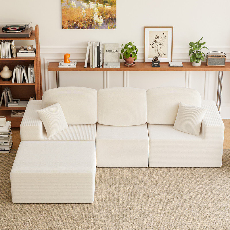 Canapé modulaire en forme de L, canapé modulaire à compression en nuage avec accoudoirs larges, beige, Velours côtelé beige