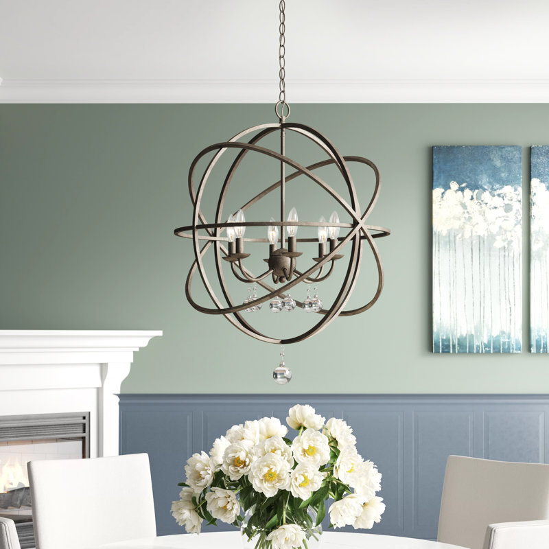 Lustre globe unique à 6 lumières avec accents de cristal Berdina, Bronze doré
