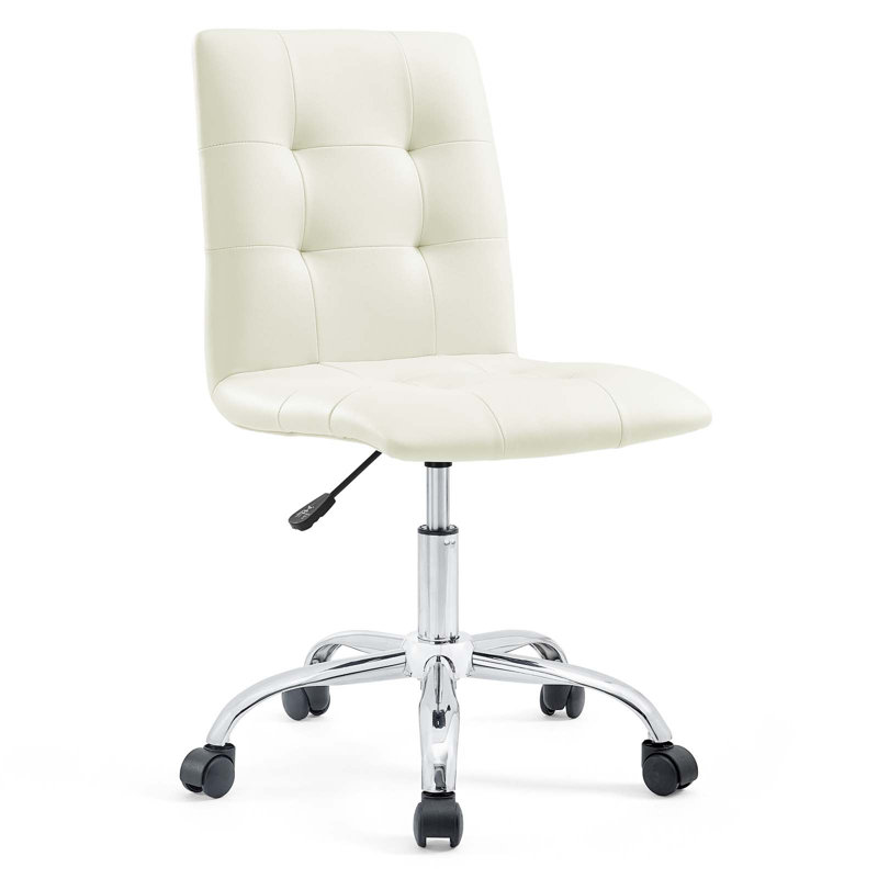 White Faux Leather Armless Swivel Office Chair with Chrome Base