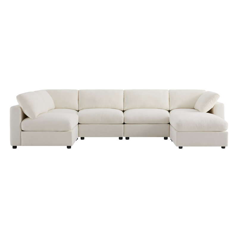 Ensemble de canapé convertible 129 po en U en chenille avec repose-pieds, combinaison libre et canapé-lit, White