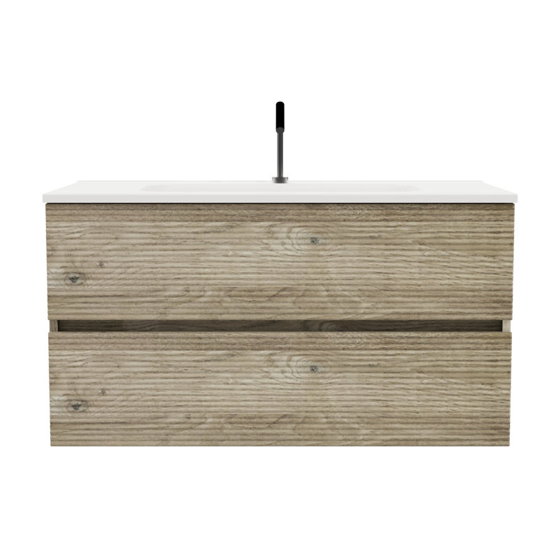 Meuble-lavabo moderne en chêne brut, lavabo à débordement en céramique, pré-assemblé, tiroirs texturés, lavabo flottant intégré à fermeture silencieuse 36 po, conception épurée, 20% plus d'espace