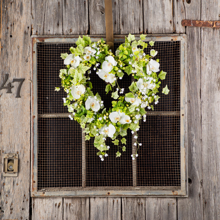 Spring Green Ivy, White Orchid & Flowering Vine Heart Shaped Valentine's Day Front Door Wreath Primrue