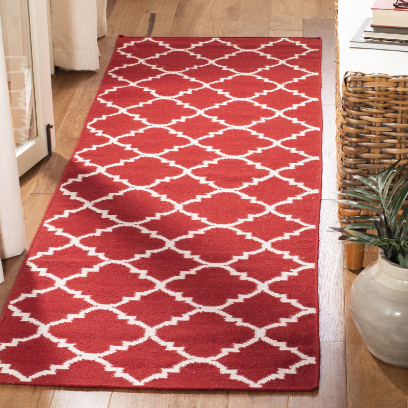 Rodgers Hand Woven Flat Weave Wool/Cotton Geometric Rug in Red/Ivory, Runner 2'6" x 8'