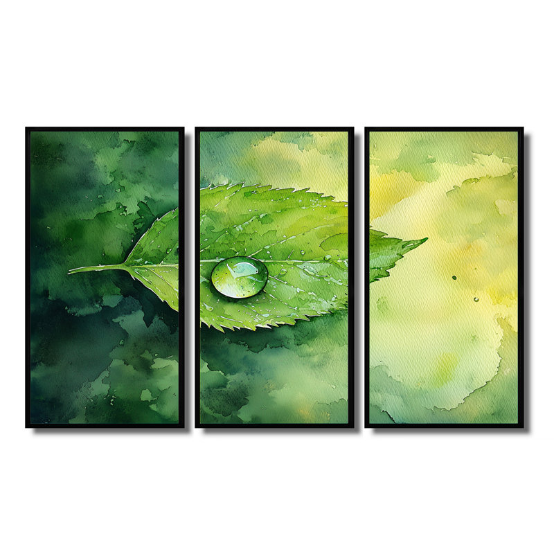 Goutte d'eau verte sur feuille II - feuilles, art mural - ensemble de 3, H 28 po x l 36 po, Noir