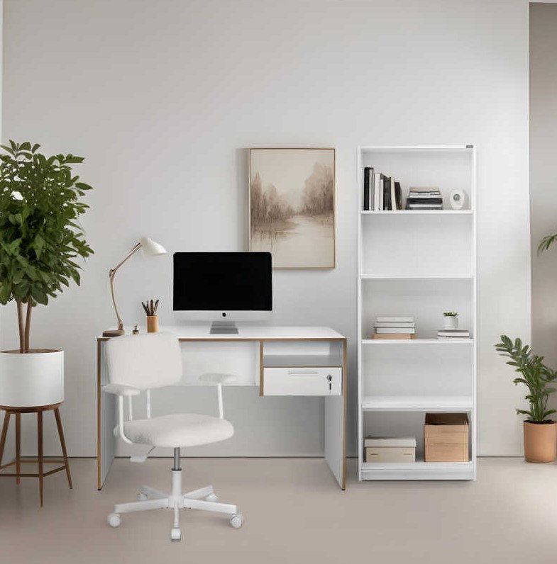 Modern Study Desk with Numerous Shelves, White & Oak Finish, 47.2 x 29.5 x 23.6 inches | 100% Melamine Coated Particle Board, Wall-Mountable, Additional Storage | Perfect for Home Office & Study Spaces
