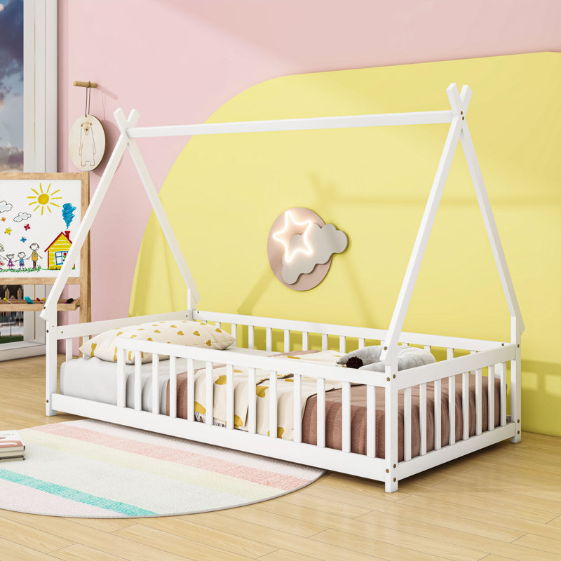 Twin Bed With Guardrails And Slats, White