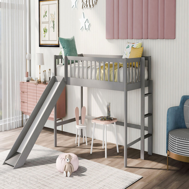 Lit mezzanine simple bas avec échelle et toboggan, gris, Gris