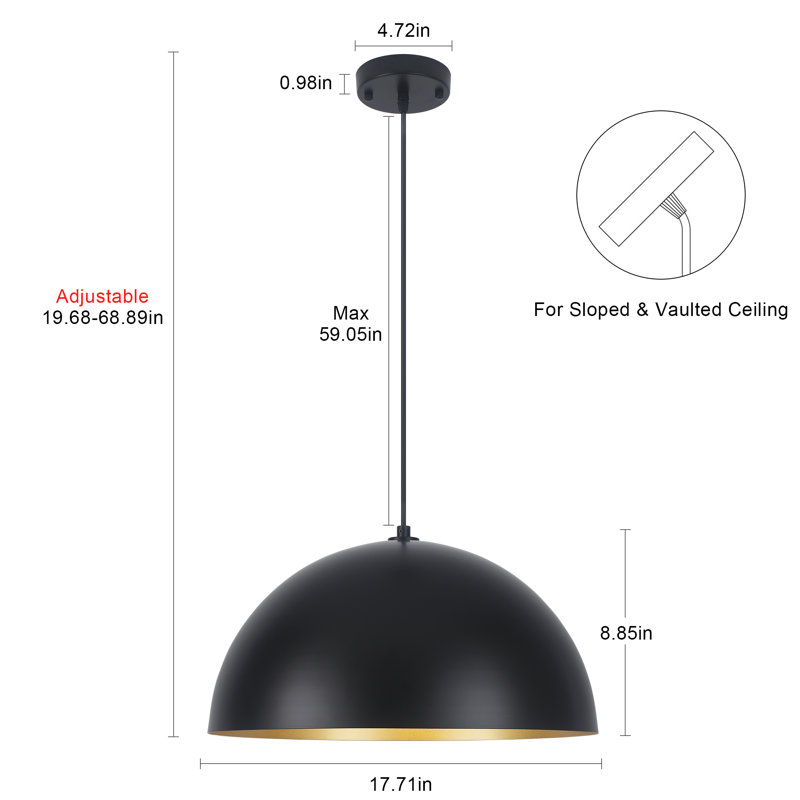 1 - Light Dimmable Single Dome Kitchen Island Pendant, Black/Gold, 8.85" H x 17.71" W x 17.71" D