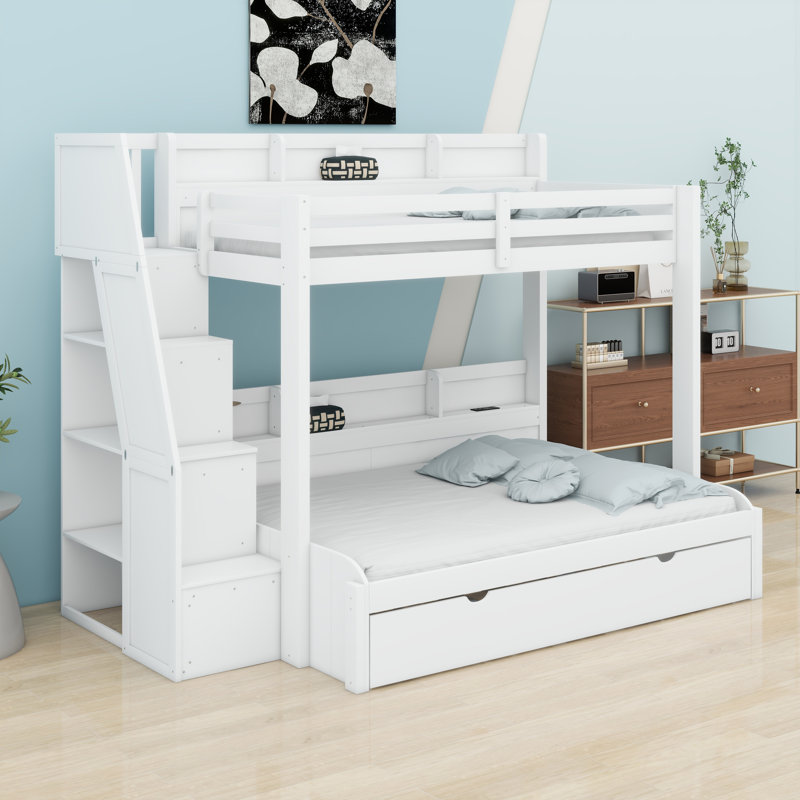 Bunk Bed With Storage Staircase, Trundle, White