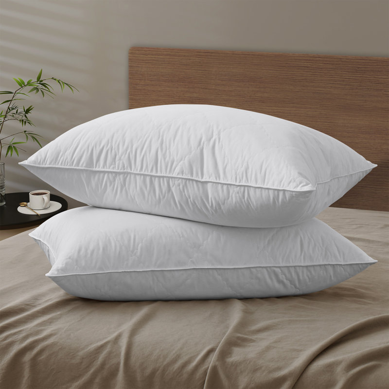 Set of 2 Biscuit Quilted Gray Goose Feather Pillows – Soft Hotel Style Bed Pillow with Down-Proof Polyester Cover, Queen