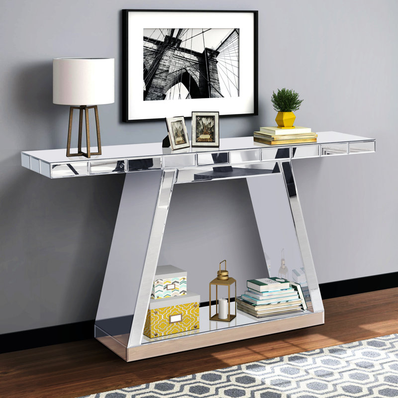 Modern Luxe Mirror Entryway Table with Sturdy Construction and Open Storage