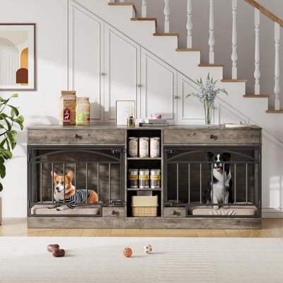 Dog Crate Furniture for 2 Dogs, Dog Kennel Indoor with Storage and Feeding Bowls, Double Dog Crate TV Stand for Small Medium Dogs