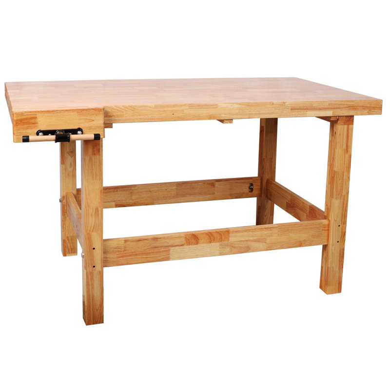 Établi en bois d'hévéa massif avec étau en bois intégré pour atelier et travail du bois