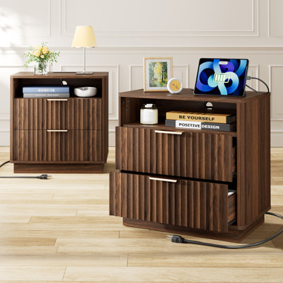 Jenkins 23''W Nightstand Set of 2 with 2-Drawer Open Cubby, Built-In Charge Outlets