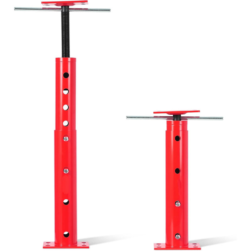 Paquet de 2 poteaux à cric en acier robustes réglables avec plaques pivotantes, ajustement de hauteur sans outil et goupilles de verrouillage pour le levage de la solive du sous-sol, le nivellement de la fondation et le soutien structurel
