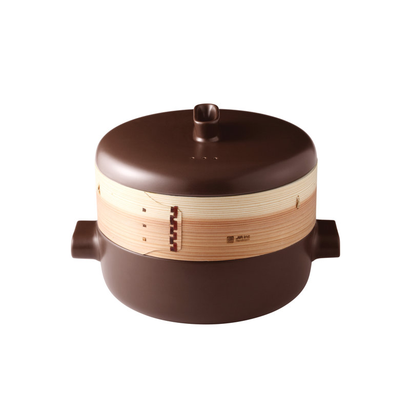 9.25" Ceramic/Terra Cotta/Wood Food Steamer, Chocolate Brown, 13.6" H x 13.6" W x 10.6" D