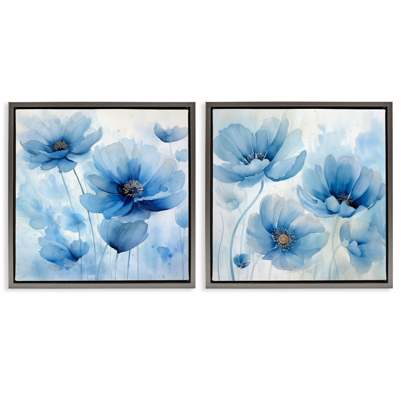  Ensemble de 2 toiles flottantes saturées "Blue Blossoms" par Irena Orlov, H 25 po x l 25 po, Cadre flottant gris lustré