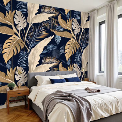 Papier peint adhésif moderne avec motif de feuilles de palmier tropicales et feuilles de monstera tropicales dorées et bleu marine foncé H 100 po x l 144 po, papier peint adhésif amovible en PVC pour le salon de la chambre à coucher