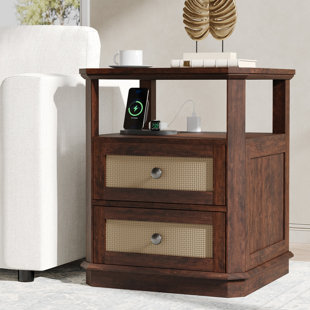 Table de bout pour le salon avec rangement et prises intégrées, table d'appoint en rotin Boho avec tiroir pour bureau, chambre à coucher