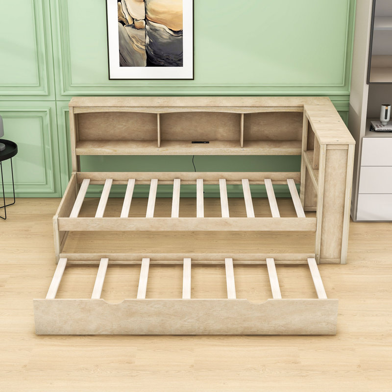 Twin Wooden Daybed with Built-in Storage Compartment, Twin Trundle and Charging Station, Wood