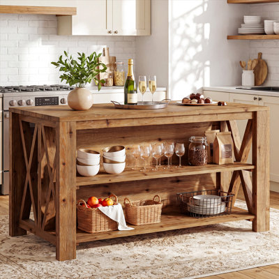 Îlot de cuisine en bois massif à 3 niveaux avec tablettes de rangement pour la salle à manger de cuisine