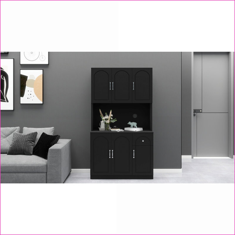 71” Modern Black Kitchen Pantry Storage Cabinet with Microwave Countertop | E1 MDF | Adjustable Shelves