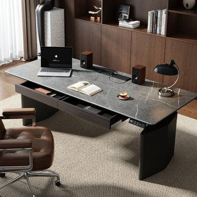 Bureau rectangulaire noir en acier fritté réglable en hauteur + acier au carbone avec 2 tiroirs