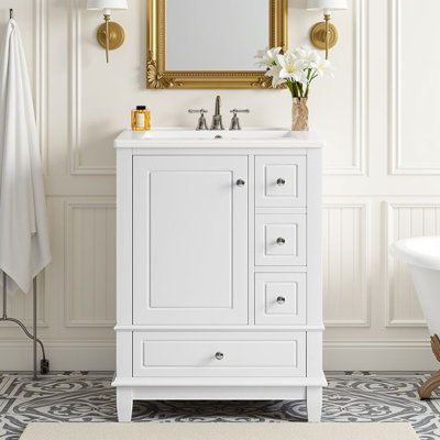 24" Freestanding Single Bathroom Vanity With Ceramic Sink, Storage Cabinet With 3 Drawers & Door Racks