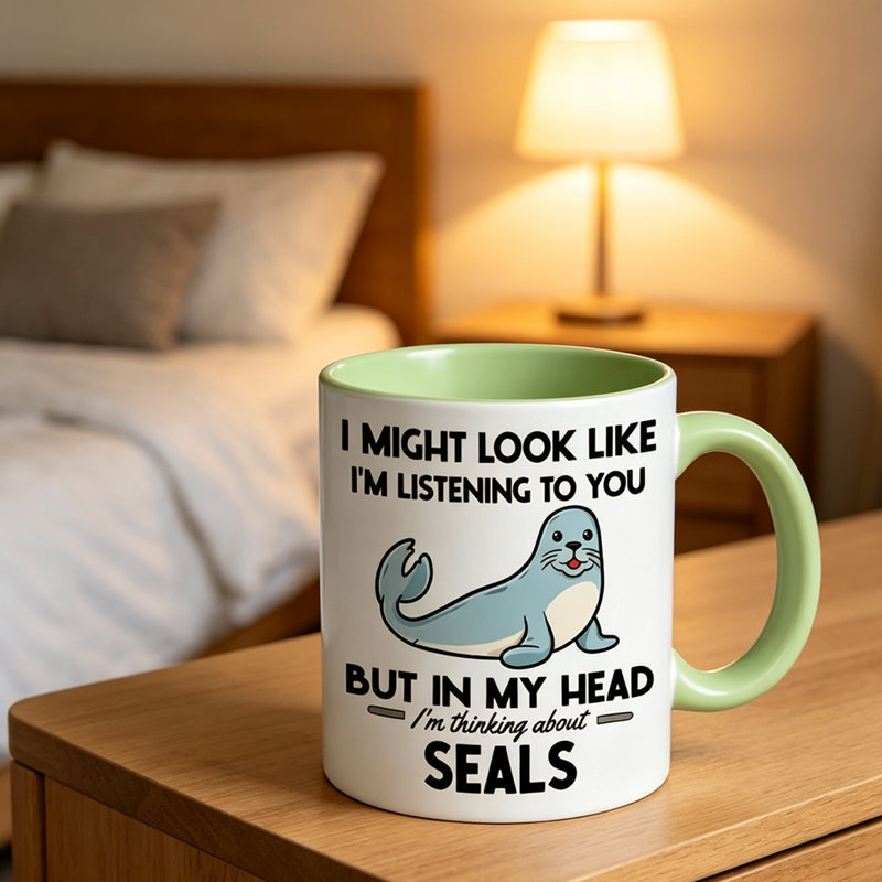 Ceramic Coffee Mug with Seal Design & Rim - Insulated Suitable for Microwave Use, Sturdy Seal-Themed Cup for Hot/ Drinks.