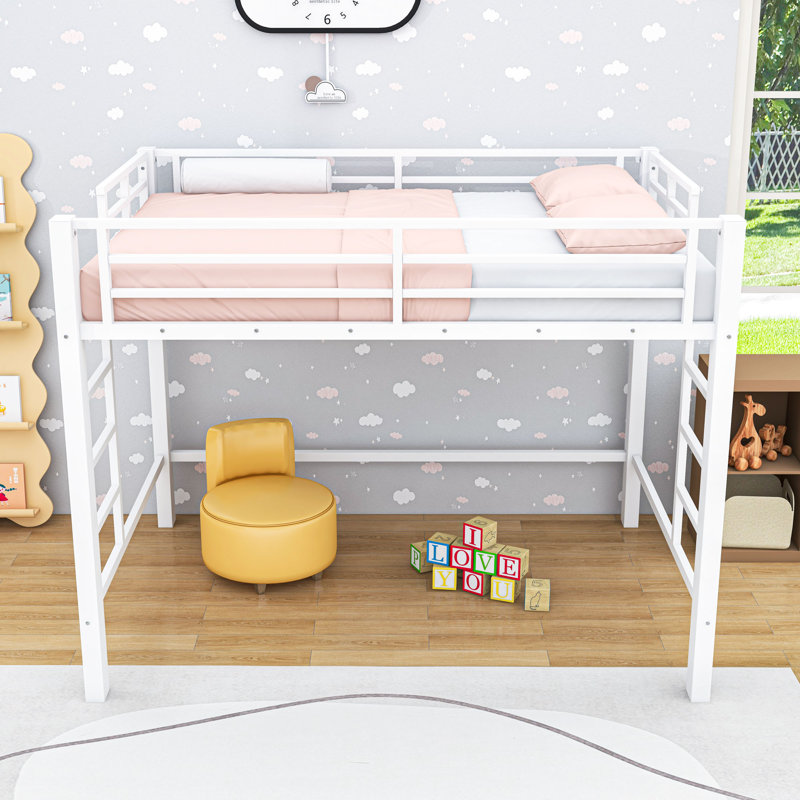 Metal Loft Bed with Guardrails, Ladder and Slats, Queen