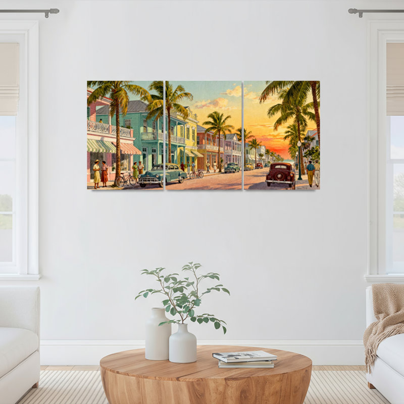 Ensemble de 3 toiles murales représentant une scène de rue tropicale avec palmiers et voitures anciennes, pour salon, chambre ou décoration intérieure.