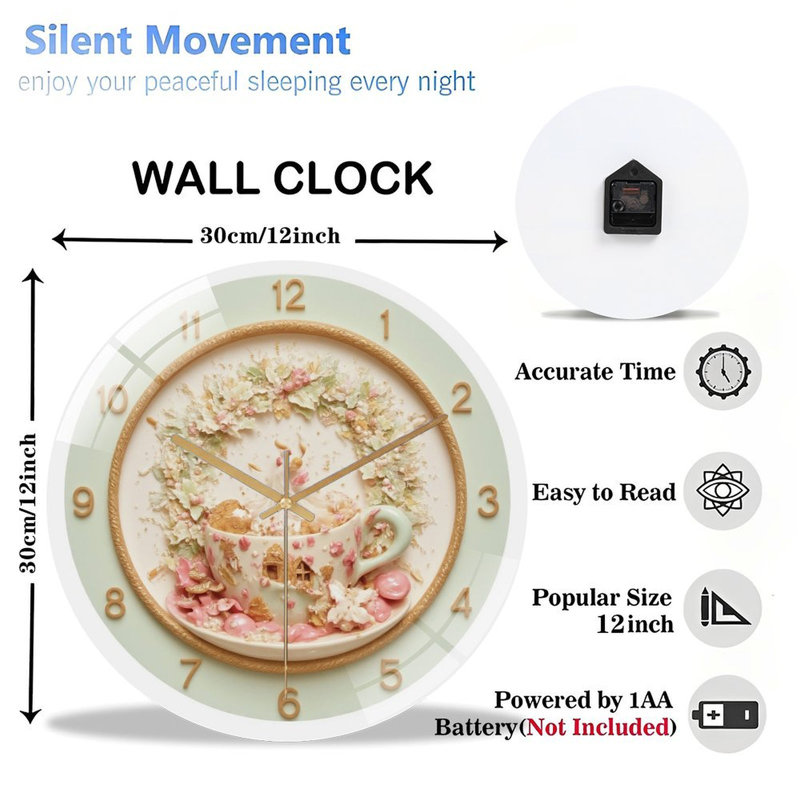 Horloge-tasse à thé-floral-couronne d'art - horloge murale moderne en verre de 12 po