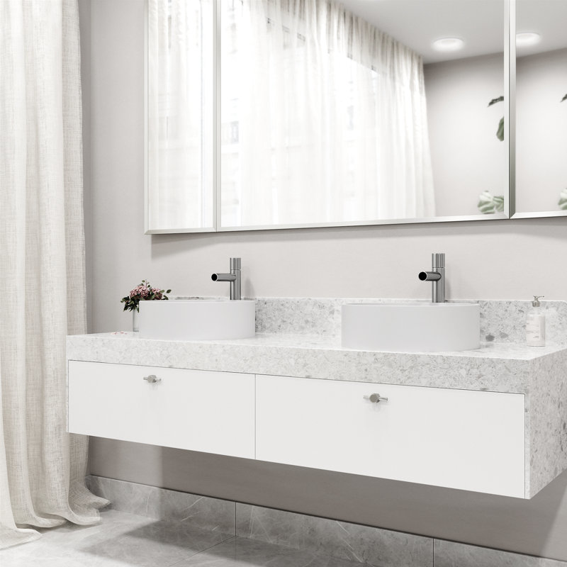 Serenity Stone 16" White Circular Above-Counter Vessel Sink with Brushed Nickel Faucet