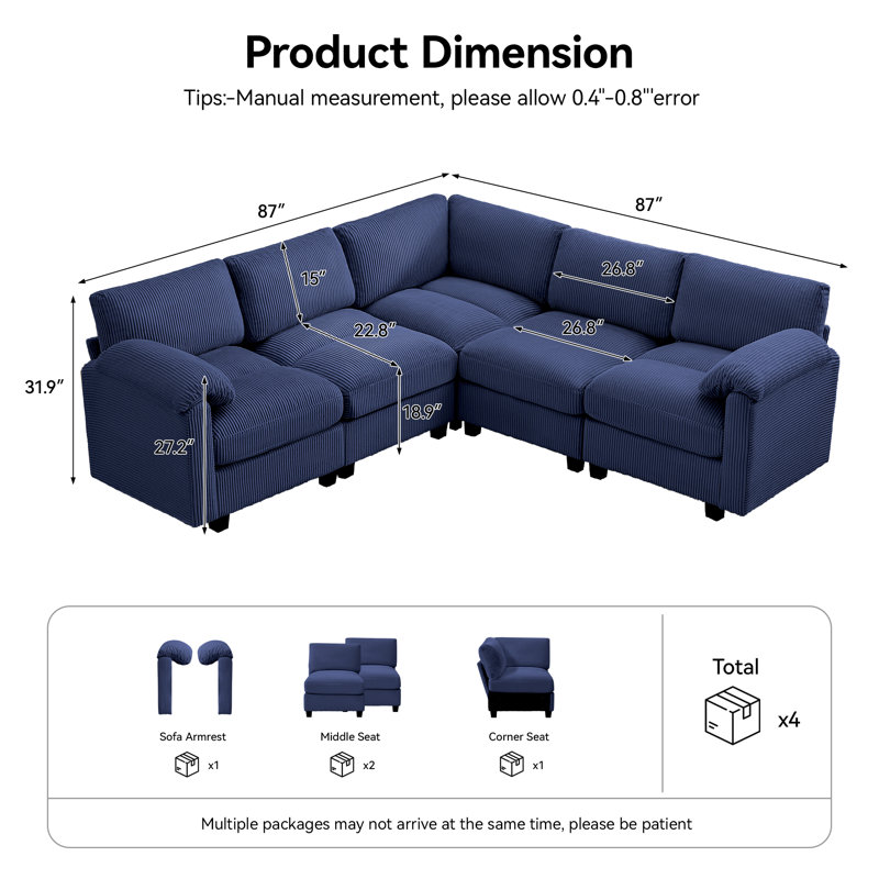 Canapé modulaire 5 places avec accoudoirs coussinés, Chenille bleu