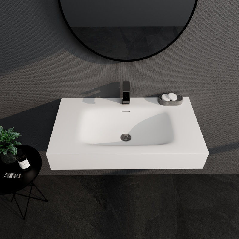 32'' X 18'' Stone Resin Bathroom Sink Wall-Mounted Vessel Sink With Faucet Hole