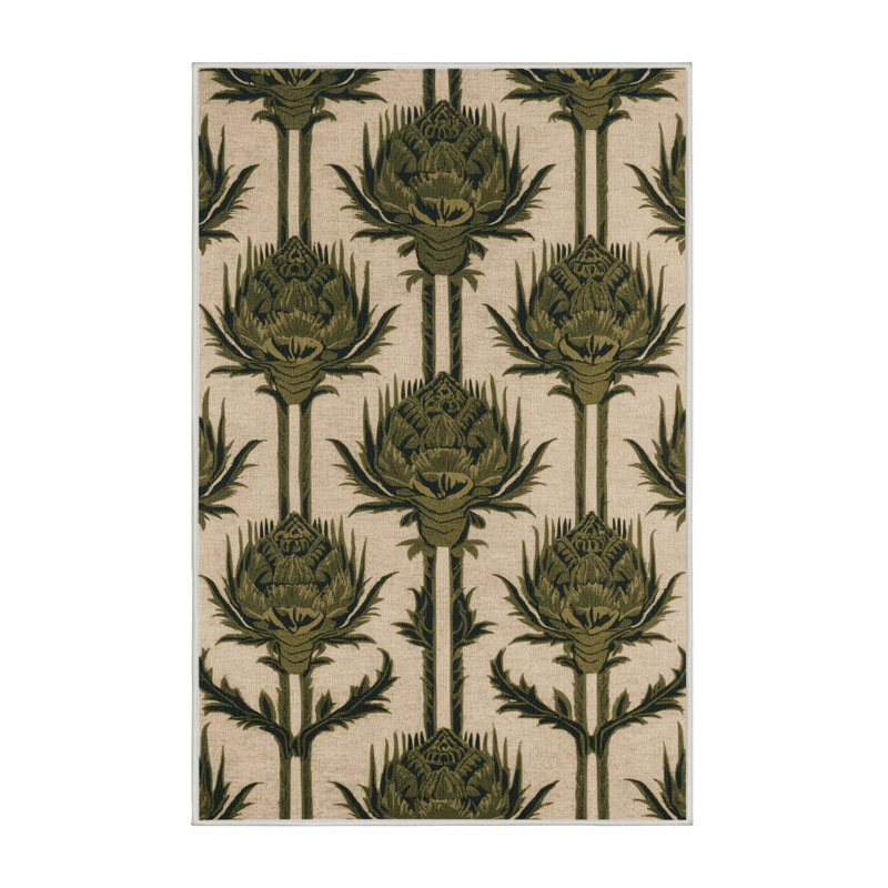 Machine Washable Botanical Beige Area Rug, Rectangle 4' x 6'